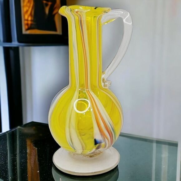Vintage Hand Crafted Lutetian Yellow With Color Swirls Cadmium Pitcher Vase 6" - Picture 1 of 12